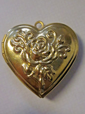 VTG MODERN LOCKET RAW BRASS EMBOSSED HEART w FLOWER ROSE NOS PENDANT CHARM picture