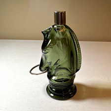 Vintage Avon Green Glass Horse Head Cologne Bottle with Lid - Approx 50 Yrs Old picture
