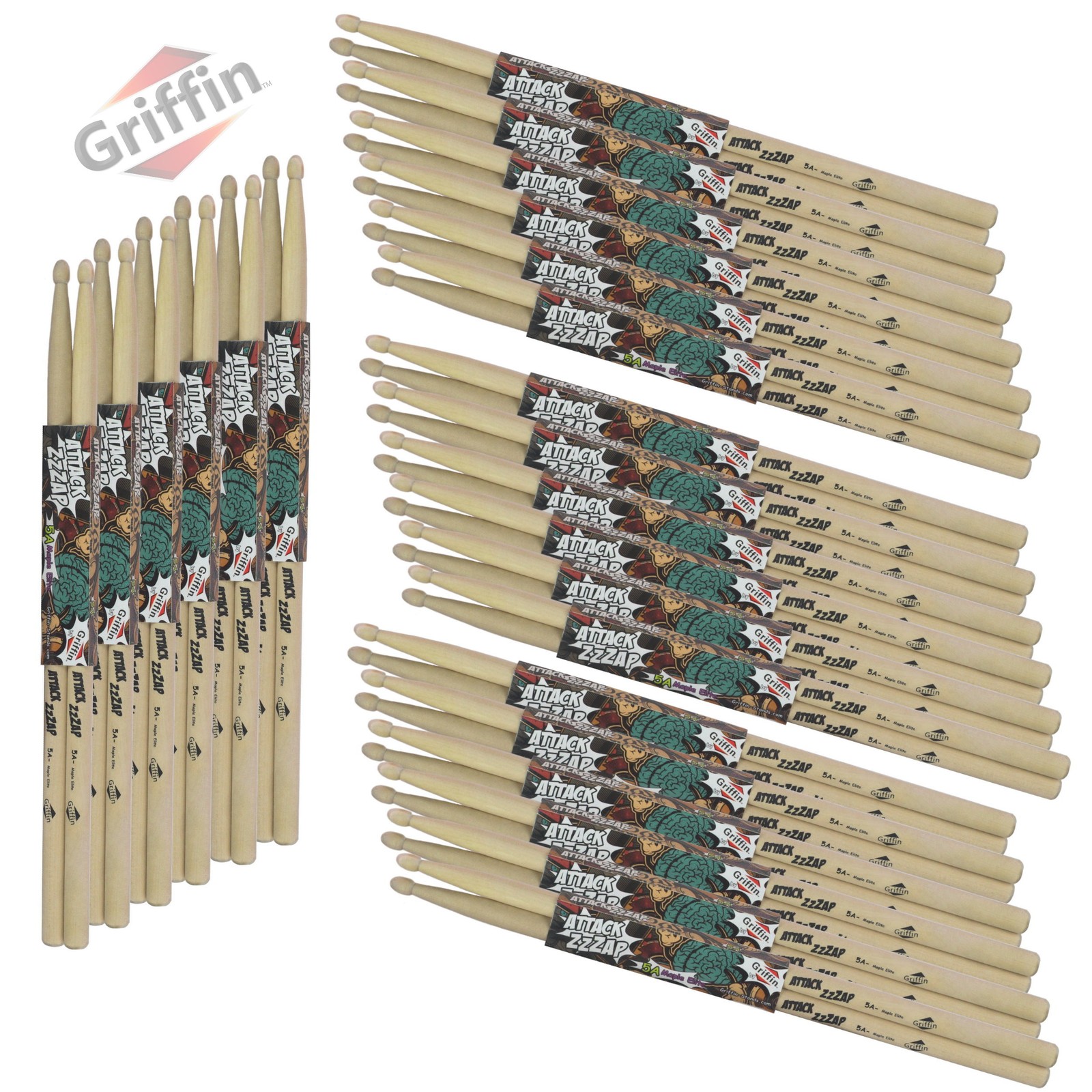 24 Pairs of Maple Wood Drum Sticks by GRIFFIN - 5A Drummers Percussion Uncoated 24 Pairs of Maple Wood Drum Sticks by GRIFFIN - 5A Drummers Percussion Uncoated