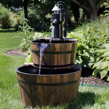 34-Inch 2-Tier Wood Barrel Water Fountain with Submersible Pump by Sunnydaze picture