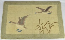 VINTAGE GRENFELL HOOKED RUG c1950's - MALLARDS IN FLIGHT - 23 1/4"X 15 3/4" picture