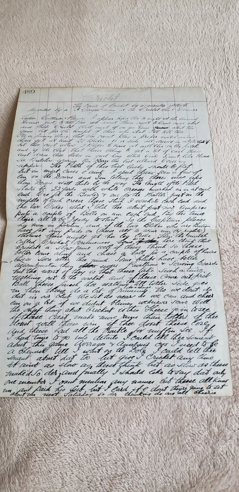 An original speech given at the Devizes cricket club in the early 1900s