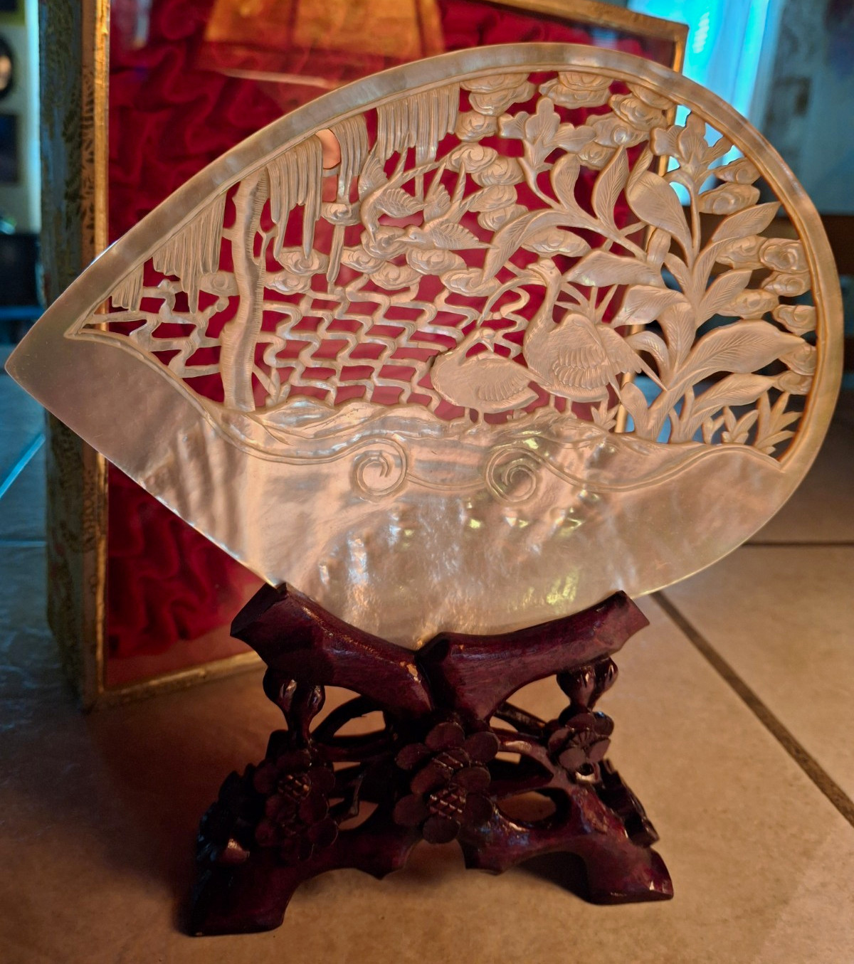 Vintage Chinese Hand Carved Mother of Pearl Shell Art Openwork Cranes with Box