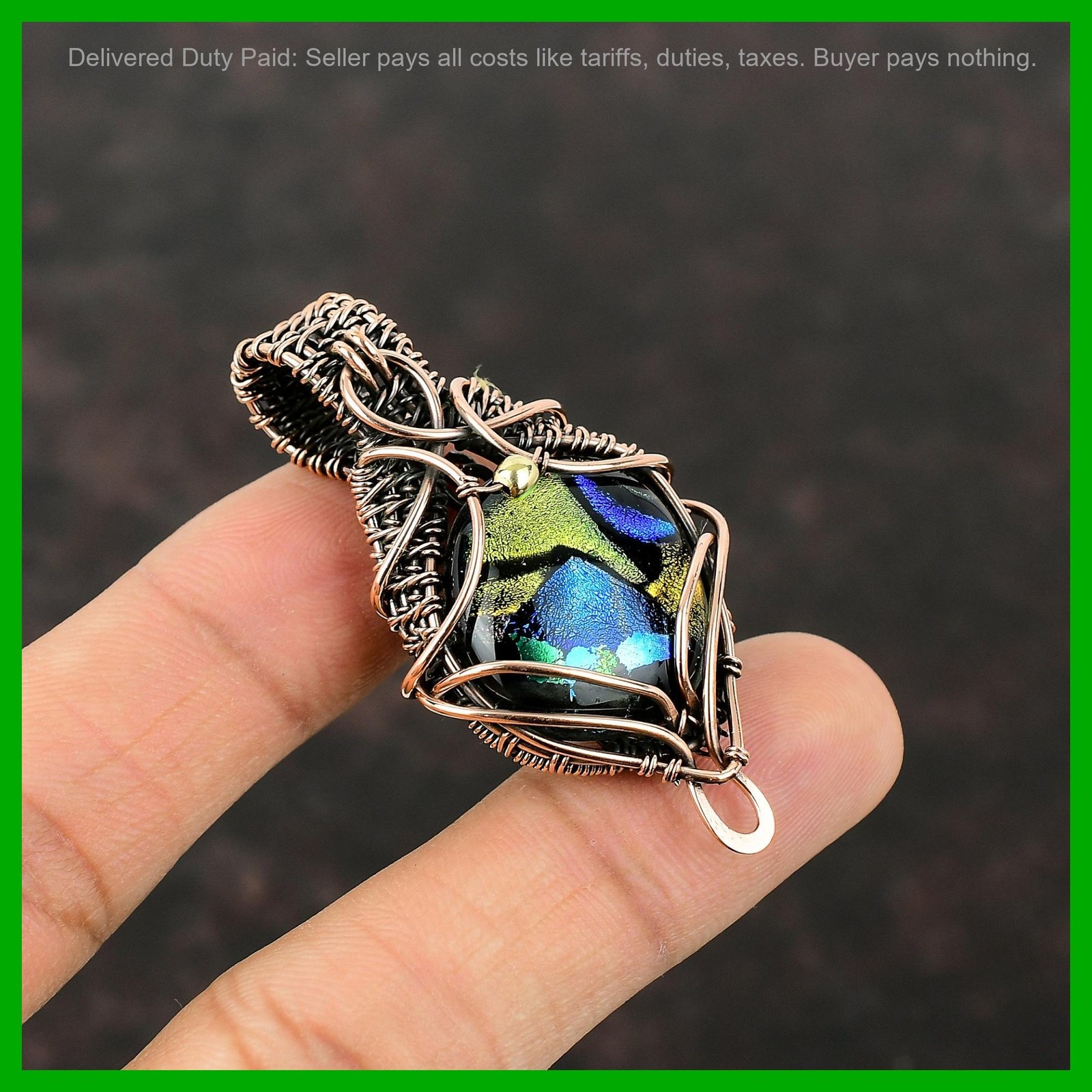 American Dichroic Glass Stone Copper Engagement Wire Wrapped New Pendant Jewelry American Dichroic Glass Stone Copper Engagement Wire Wrapped New Pendant Jewelry