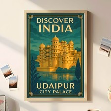 Udaipur City Palace Poster - Vintage Art Deco Wall Art Print - Lake Pichola picture