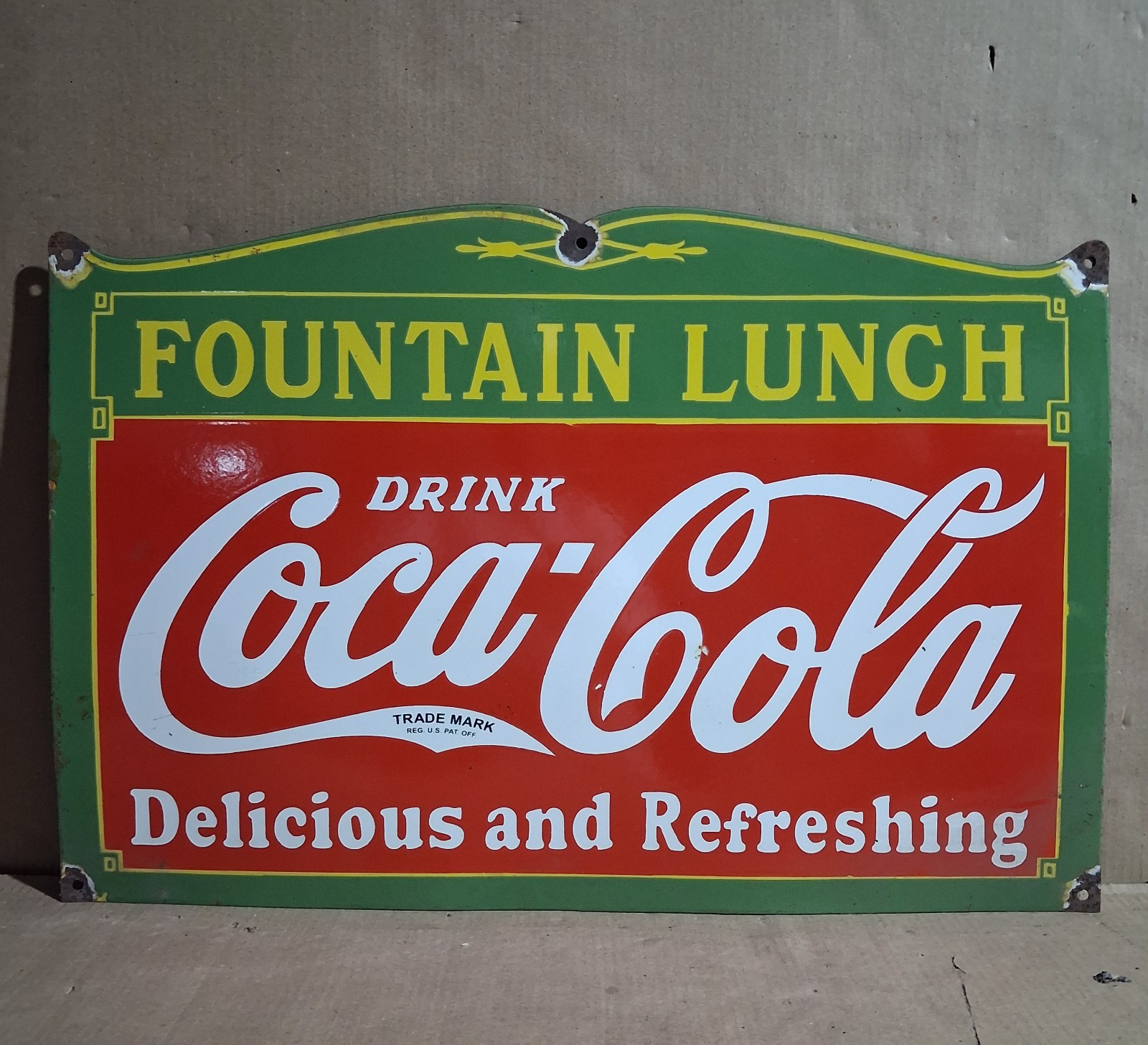 Coca Cola Fountain Lunch Porcelain Enamel Sign 27x18 Inches 1 Sided Coca Cola Fountain Lunch Porcelain Enamel Sign 27x18 Inches 1 Sided