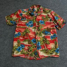Hilo Hattie Shirt Mens Size L Red Tropical Woodie Car Hibiscus Made in Hawaii picture