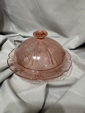 Jeanette Glass "Adam" pink depression glass covered butter dish, chipped picture