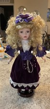 Victorian Porcelain Doll 16.5” Purple Lace Dress Blonde Hair with Stand picture