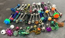 40pc Tongue Ring Sampler Logo, Rose, Atom, Dice, Steel, Gem, Titanium Tounge picture