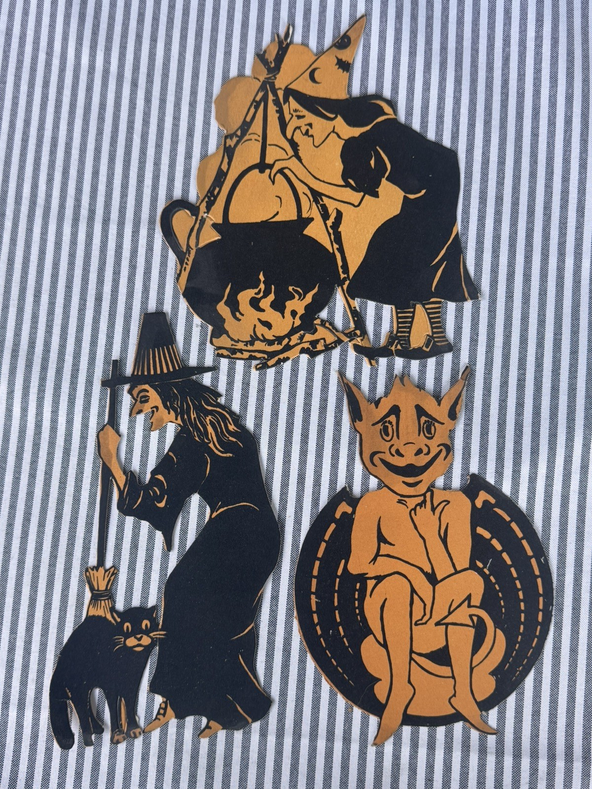 HTF LOT OF 3 Antique 1920-1930s Halloween Die-Cut paper Devil Witch Cat Cauldron HTF LOT OF 3 Antique 1920-1930s Halloween Die-Cut paper Devil Witch Cat Cauldron