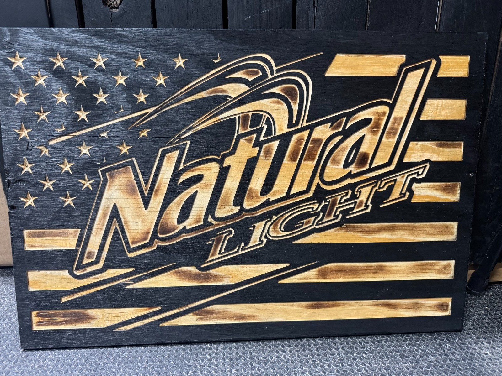 NATURAL LIGHT American Flag 24" X 16" CNC Machined Rustic Wooden
