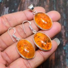 Baltic Amber Gemstone Handmade 925 Sterling Silver Pendant + Earring Jewelry Set picture
