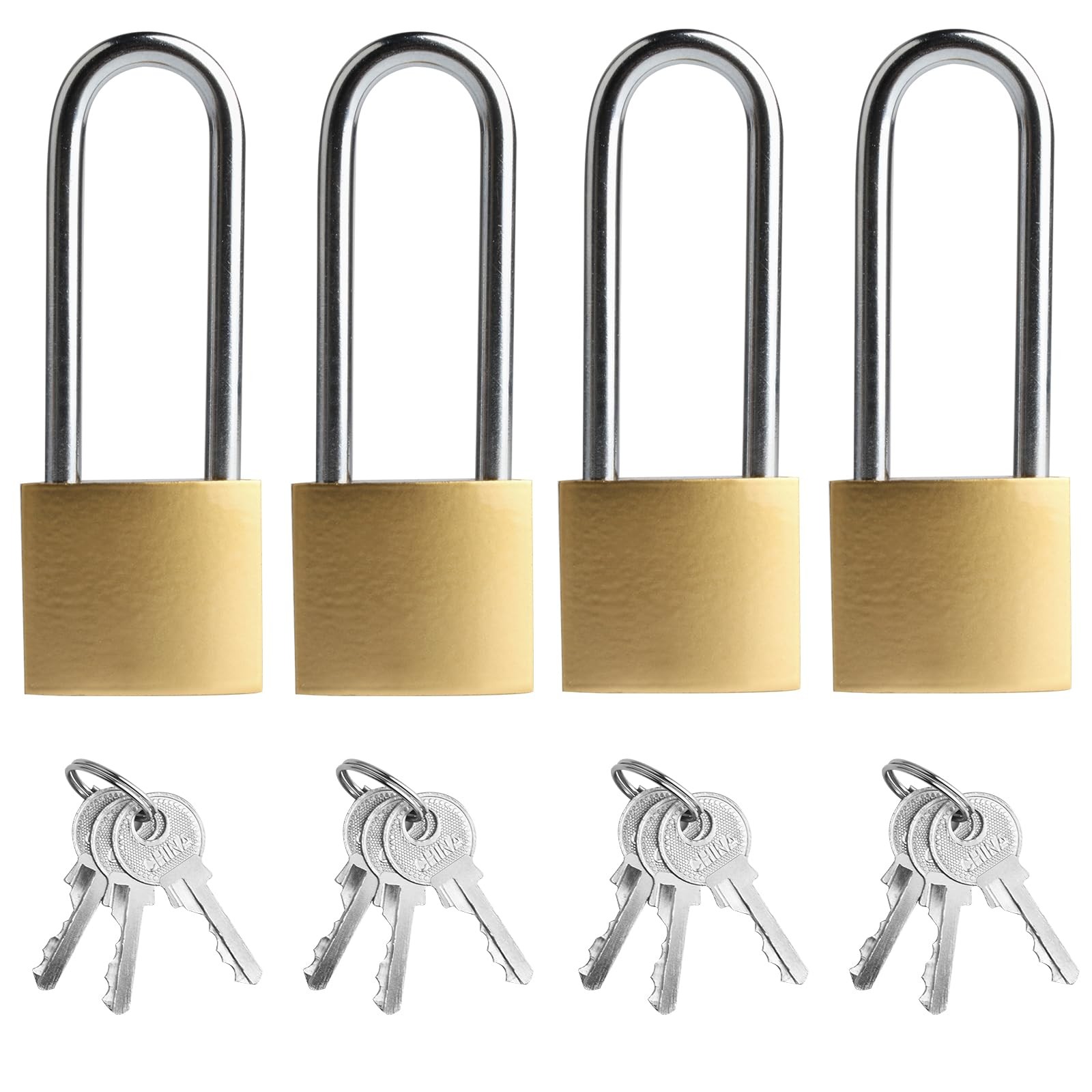 4 PCS Long Keyed Padlock Waterproof Solid Brass Lock, Padlock with Keys, 3.4 Inc 4 PCS Long Keyed Padlock Waterproof Solid Brass Lock, Padlock with Keys, 3.4 Inc