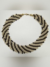RARE Vintage Trifari Woven Gold Tone Black White Pearl Bead Bib Collar Necklace picture