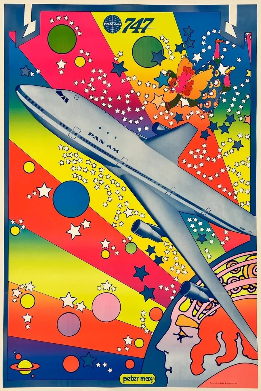 Peter Max Pan Am 747 Psychedelic Aviation Poster Print 24x36 Wall Art