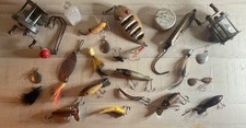 LOT OF ANTIQUE WOOD FISHING EQUIPMENT LURES, REELS AND BRASS SCALE  PLUS MORE picture