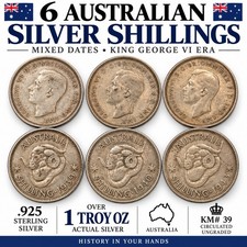 6 Australian Silver Shillings Mixed Dates .925 Silver 1+ Troy Oz ASW KM#39 picture
