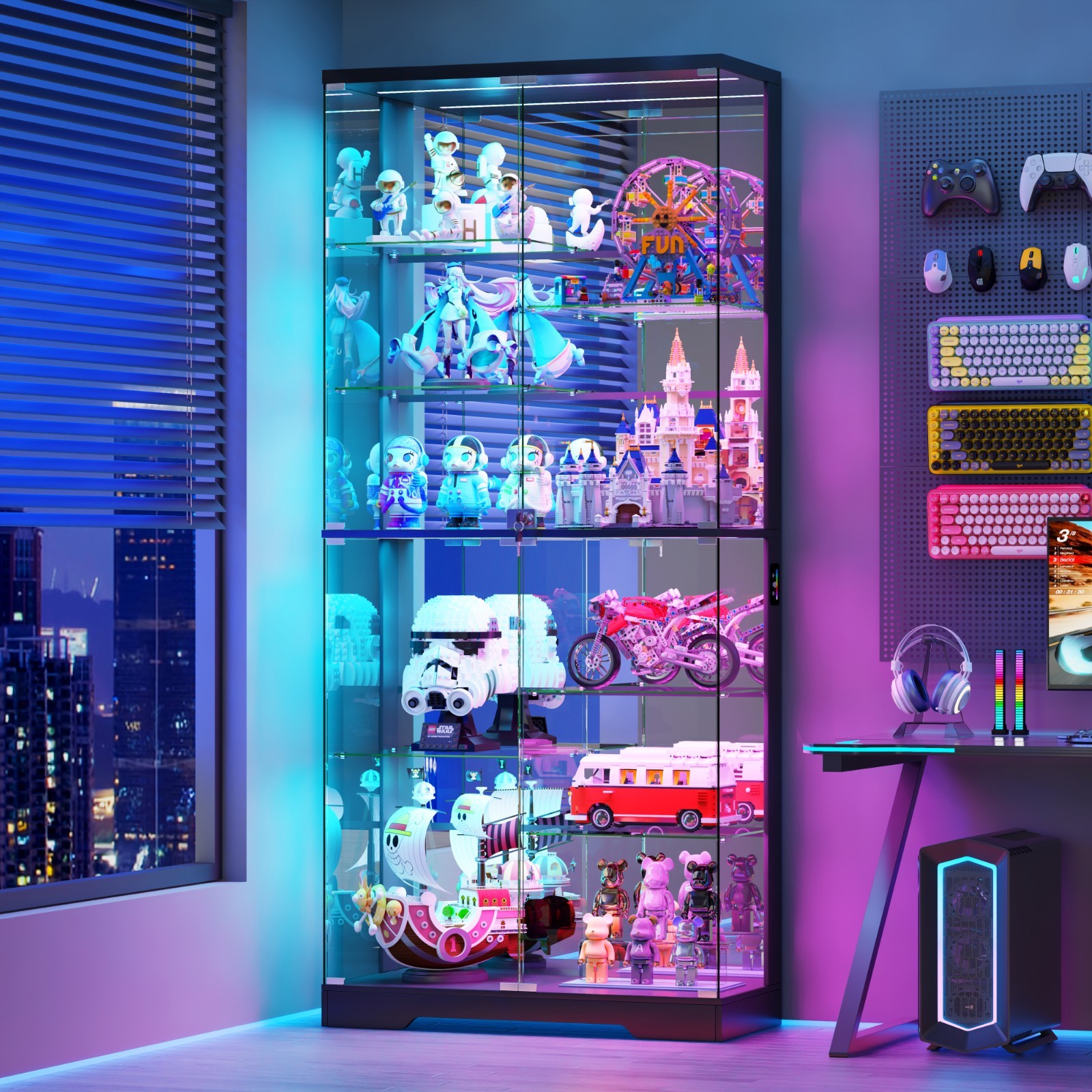 71" Glass Display Cabinet with RGB Lights, Tall Figure Display Case with Lock 71" Glass Display Cabinet with RGB Lights, Tall Figure Display Case with Lock