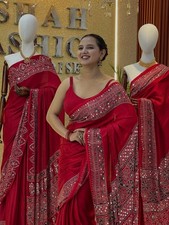Semi Gajji Silk Saree Real Mirror Work Wedding Party Festive Wear Sari Blouse picture
