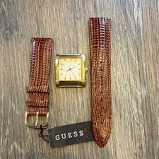 GUESS Gold Metal Wristwatch Brown Leather Strap Non-Numeric Hour Marks picture