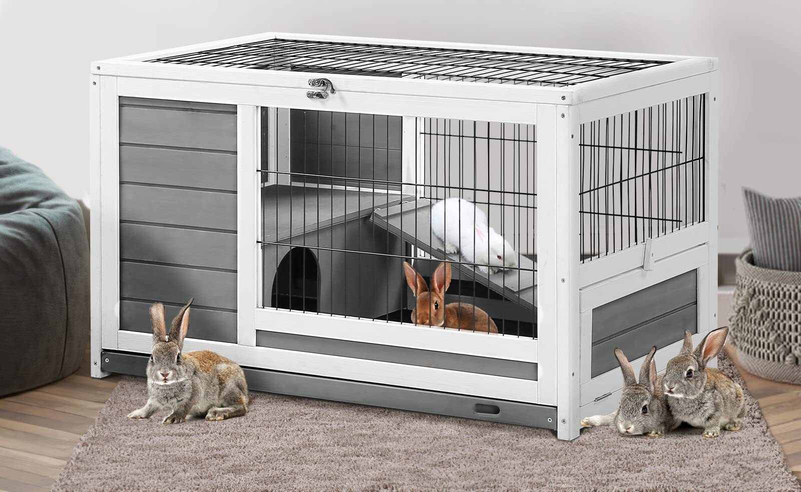 Rabbit Hutch Pet House for Small Animals Guinea Pig House w/Run Indoor & Outdoor