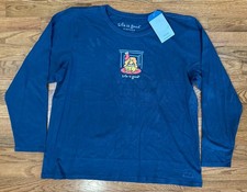 NEW! Life is Good Vintage Dog Fireplace Navy Blue Long-sleeve T-shirt Womens XXL picture