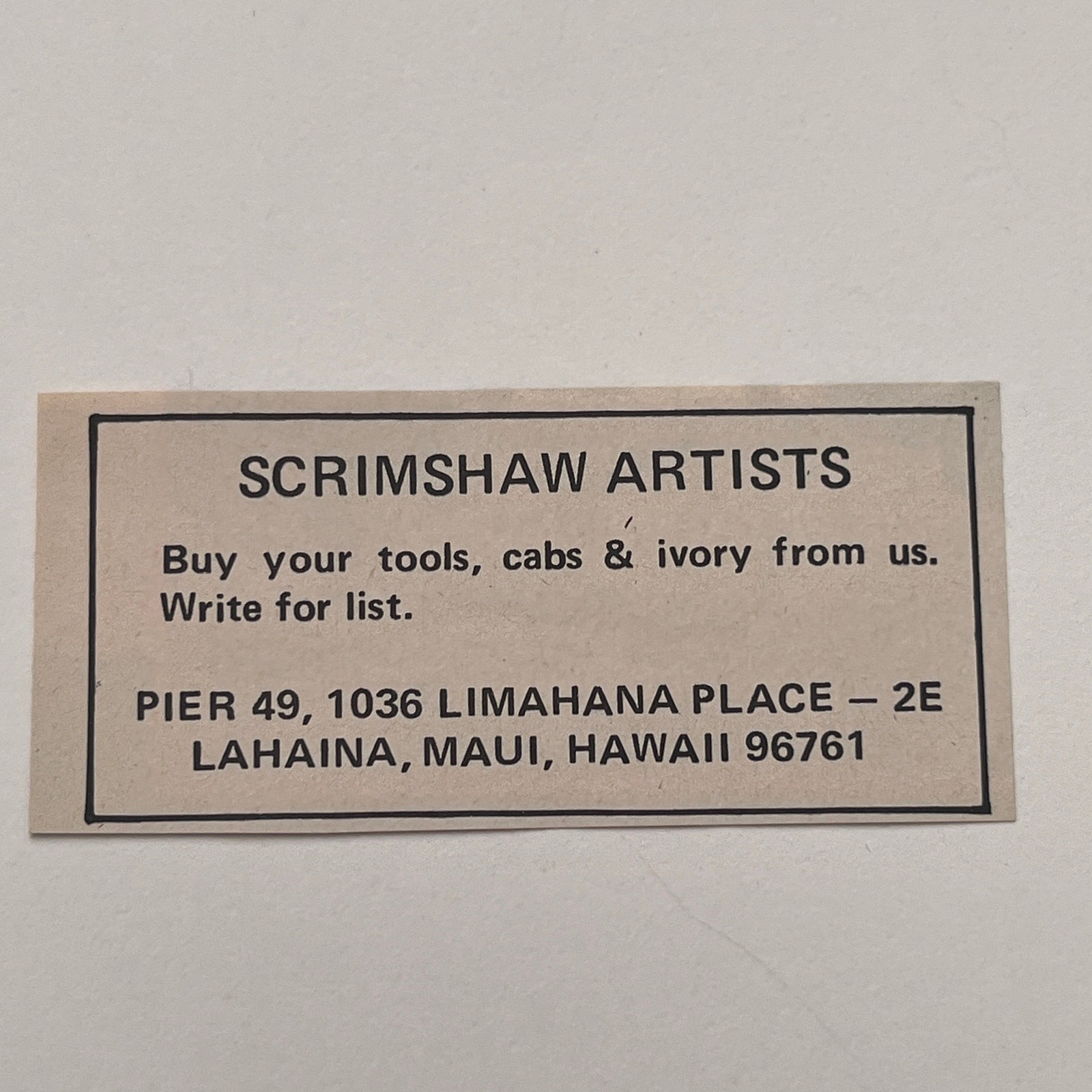 Scrimshaw Artists Buy Your Tools Cabs & Ivory Maui Hawaii 1977 Ad SAI6-S6