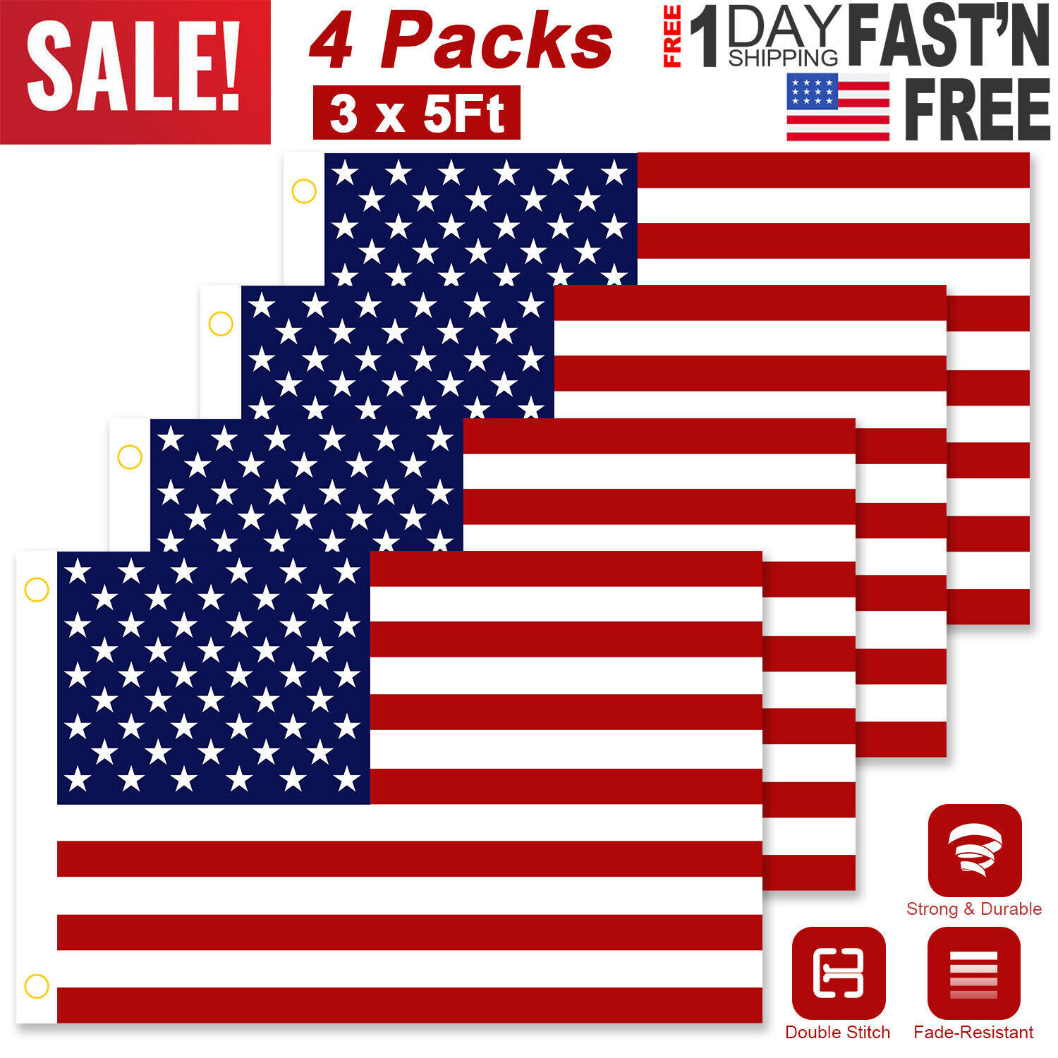 4 Pack 3'x 5'FT USA US U.S. American Flag Polyester Stars Brass Grommets US Flag 4 Pack 3'x 5'FT USA US U.S. American Flag Polyester Stars Brass Grommets US Flag