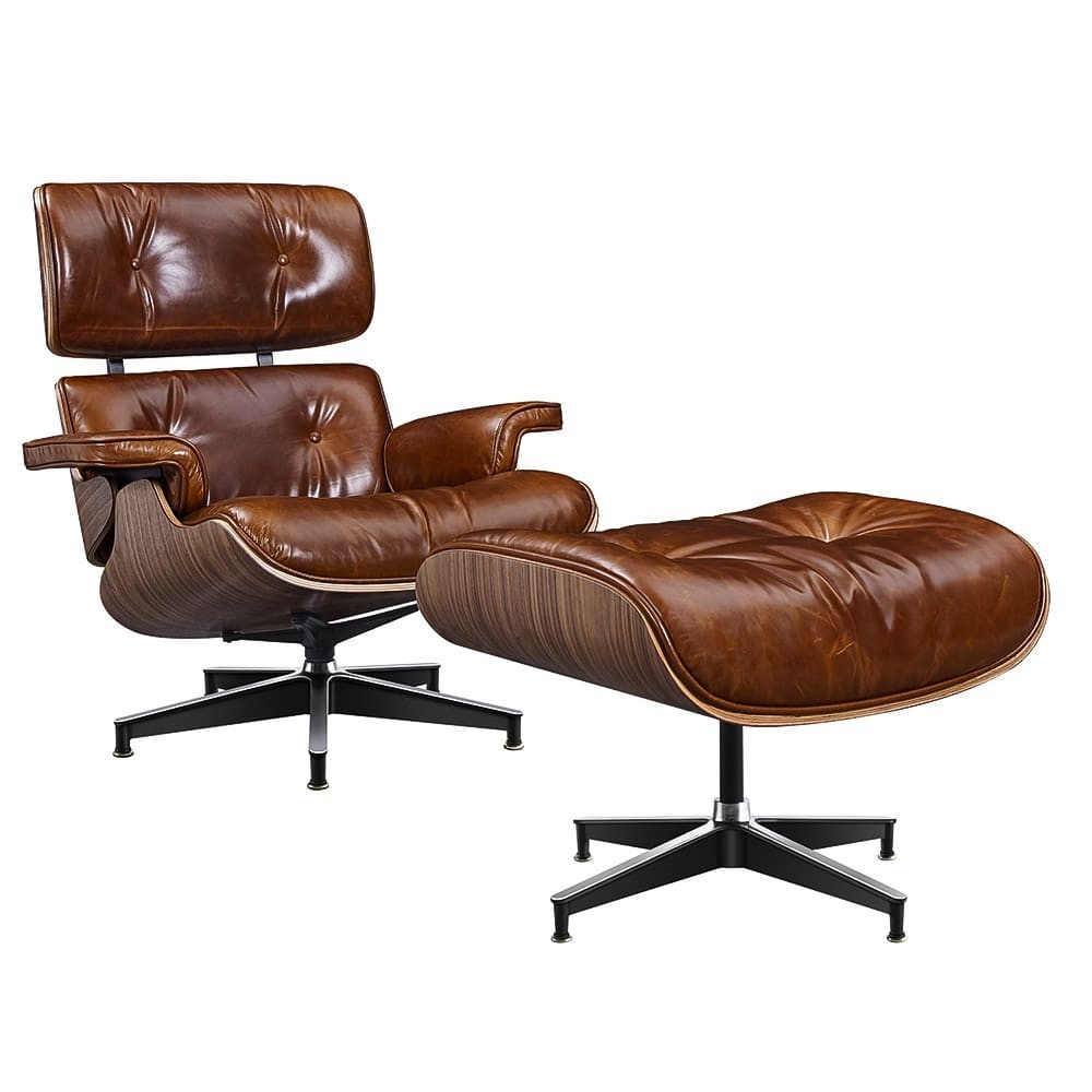 XL-Tall Walnut Retro Brown Lounge Chair and Ottoman Aniline Leather XL-Tall Walnut Retro Brown Lounge Chair and Ottoman Aniline Leather