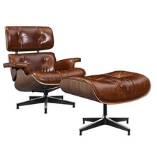 XL-Tall Walnut Retro Brown Lounge Chair and Ottoman Aniline Leather picture