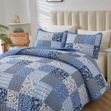 Blue Boho Plaid Floral Quilt Queen/King Set 3-Pcs Reversible All-Season Coverlet picture