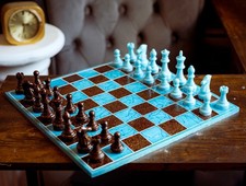 Handmade Resin Chess Set 12"x12" Fire & Ice Blue Copper w/ Chess Pieces picture
