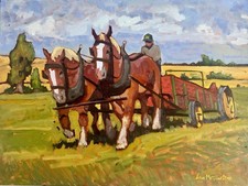 Original Painting Draft Horses Farming Wheat Field Signed 18x24 Western Art picture