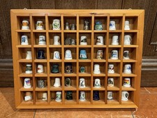 WOODEN DISPLAY CASE SHADOW BOX & 50 SEWING COLLECTIBLE SOUVENIR THIMBLES LOT SET picture