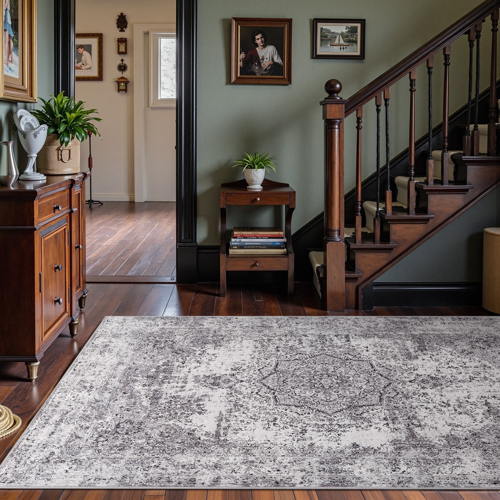 5x7 Area Rug Washable Living Room Rug Vintage Traditional Distressed Grey