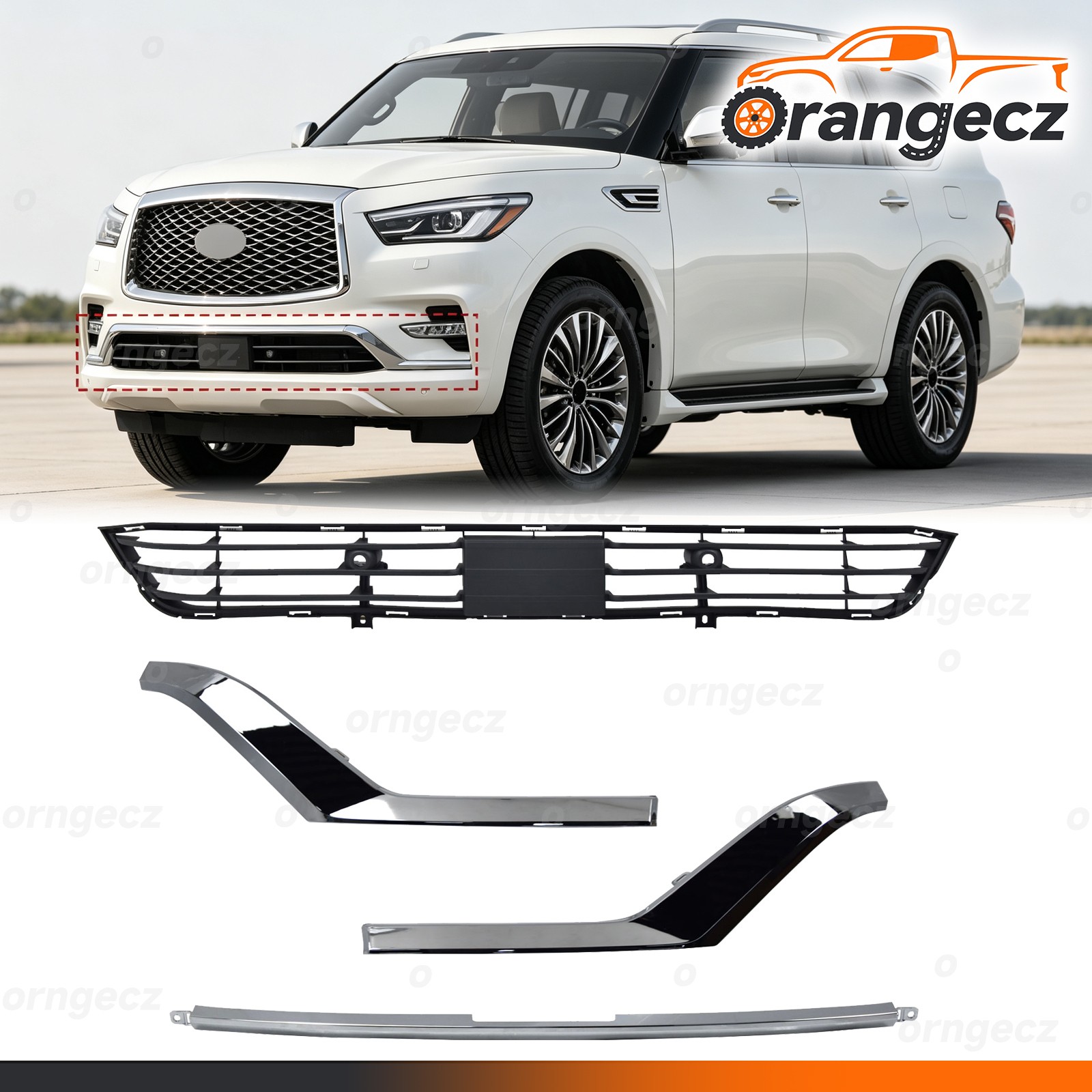 Front Bumper Grille Lower Center Chrome Molding Trim For 2018-2021 Infiniti QX80 Front Bumper Grille Lower Center Chrome Molding Trim For 2018-2021 Infiniti QX80