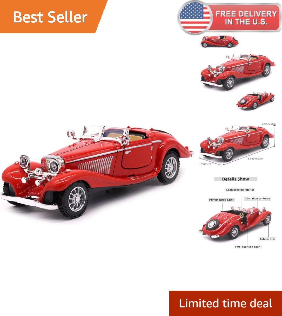 Diecast Metal Pullback Antique Classic Car - Realistic Details, 6.5in Red Model Diecast Metal Pullback Antique Classic Car - Realistic Details, 6.5in Red Model
