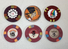 Vintage $5 Gaming Chips Lot Of 6 Historical Las Vegas Nevada Hotels And Casinos picture
