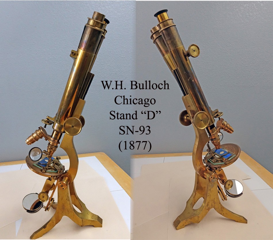 W H BULLOCH CHICAGO ANTIQUE BRASS BINOCULAR MICROSCOPE STAND "D" SN-93, 1877 W H BULLOCH CHICAGO ANTIQUE BRASS BINOCULAR MICROSCOPE STAND "D" SN-93, 1877