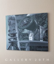 WOW! MID CENTURY INDUSTRIAL ORIG. "ART NOIR" OIL PAINTING! VTG ATOMIC DECO BOHO picture