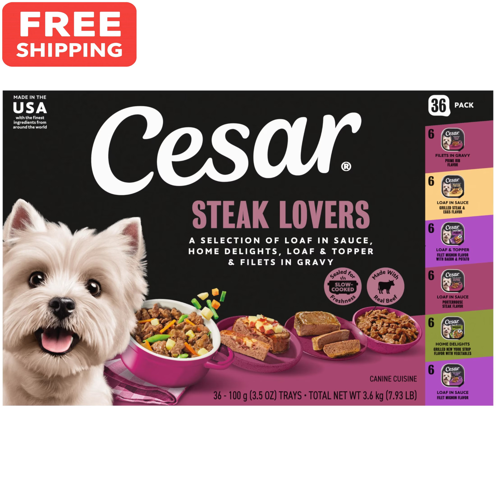 Cesar Wet Dog Food Steak Lovers Variety Pack, Real Meat Wet Food for Dogs, 36 Ct