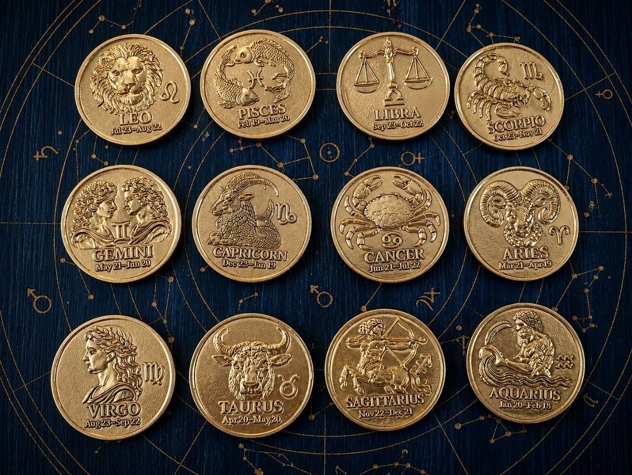 12 Zodiac Signs Brass Coins 1.4in – Handmade Astrology Horoscope Medallions Set 12 Zodiac Signs Brass Coins 1.4in – Handmade Astrology Horoscope Medallions Set