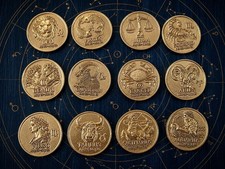 12 Zodiac Signs Brass Coins 1.4in – Handmade Astrology Horoscope Medallions Set picture