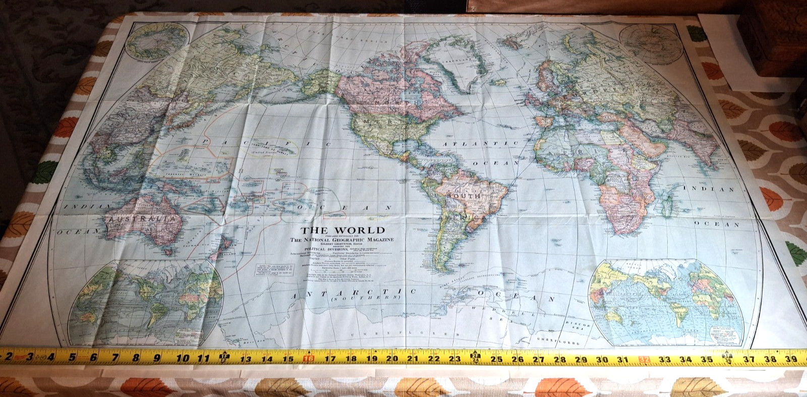 RARE antique 1922 THE WORLD map National Geographic original 42" X 28.5" FINE
