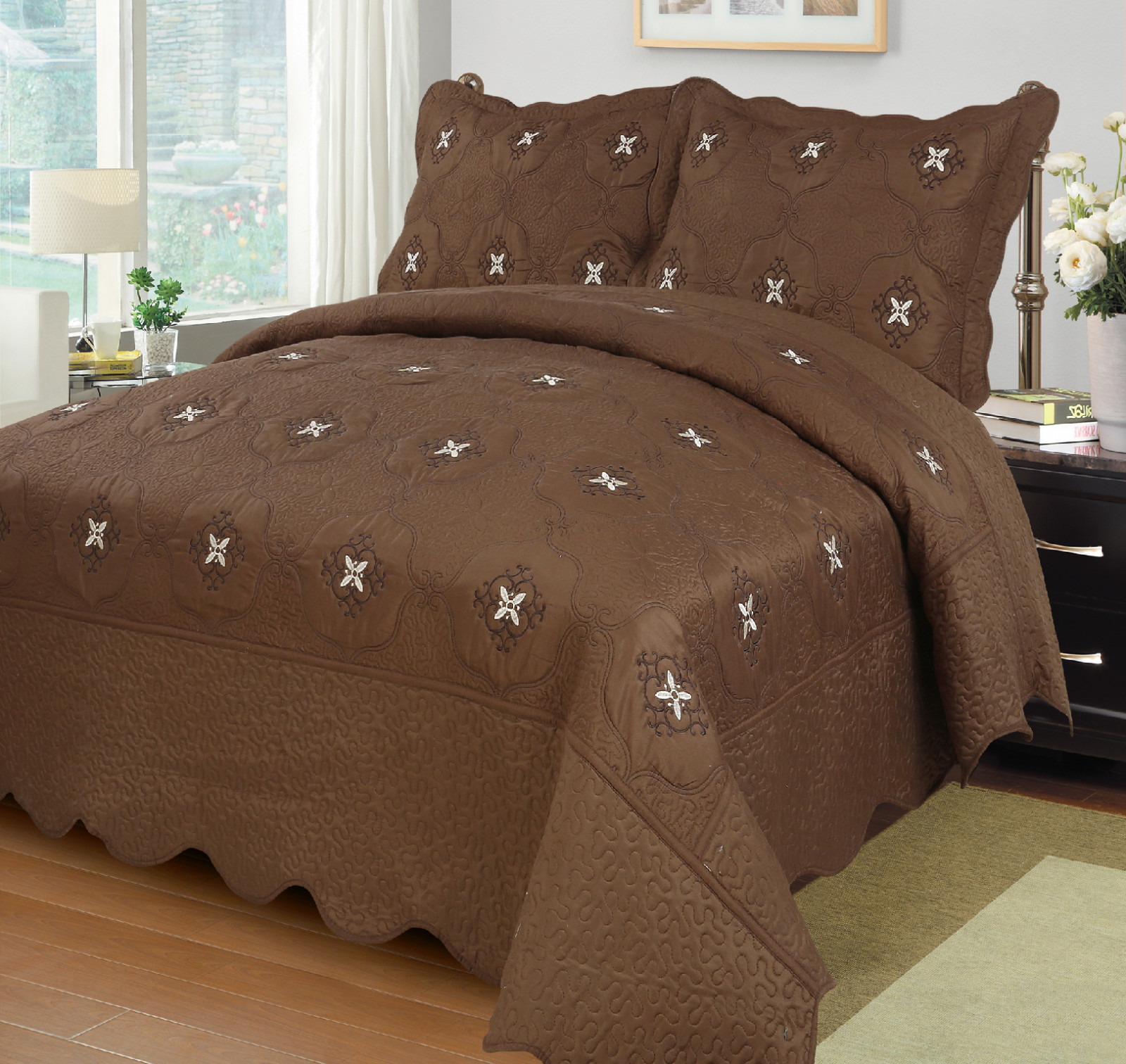 3Pcs Embroidery Quilts Bedspreads Set Bedding Coverlet Set Queen King Size, Emma