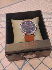 MENS TED BAKER DAY/DATE LEATHER BAND BLUE FACE WATCH - NIB picture