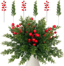 45 PCS Christmas Greenery Stems, Artificial Pine Branches & Red Berry Stems picture