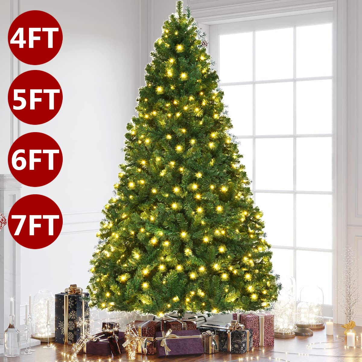 4/5/6/7FT Artificial Christmas Tree with LED Lights Stand Xmas Holiday Pre Lit 4/5/6/7FT Artificial Christmas Tree with LED Lights Stand Xmas Holiday Pre Lit