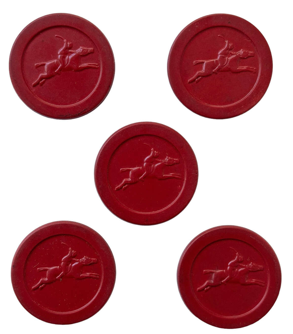 Vintage Poker Chips Steeplechase Jockey Rider Embossed Composite in Red Lot of 5